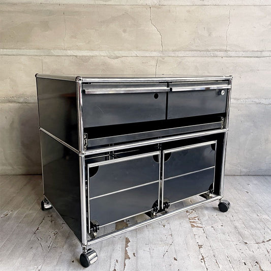 ユーエスエムハラー USMハラー USM Haller モジュラーファニチャー キャビネット シェルフ ワゴン ブラック 1列2段 2ドロワー＋エクステンションシェルフ＋2ファイリングフレーム キャスター付 スイス ♪