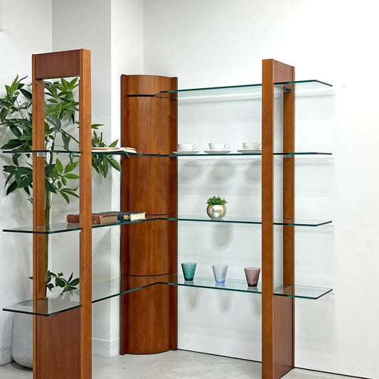 モダンデザイン Modern Design コーナー オープンシェルフ ディスプレイシェルフ 4段 チェリー材 × ガラス H167cm 店舗什器 ●