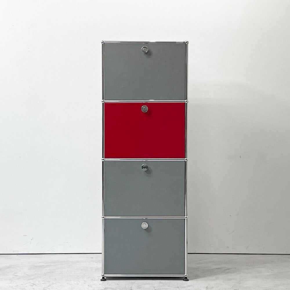 ユーエスエムハラー USM Haller モジュラーファニチャー Modular Furniture 1列4段 ドロップダウン扉 ミッドグレー × ジェンシャンブルー × ビーレッド × アントラサイト スイス ●