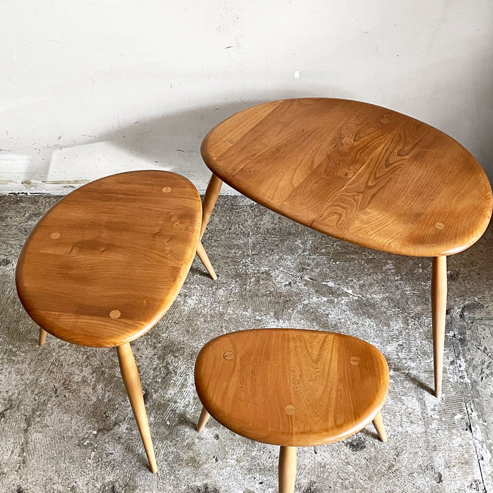アーコール ercol ペブル PEBBLE 354 ネストテーブル nest of tables サイドテーブル ブルーラベル エルム材 UKビンテージ ■