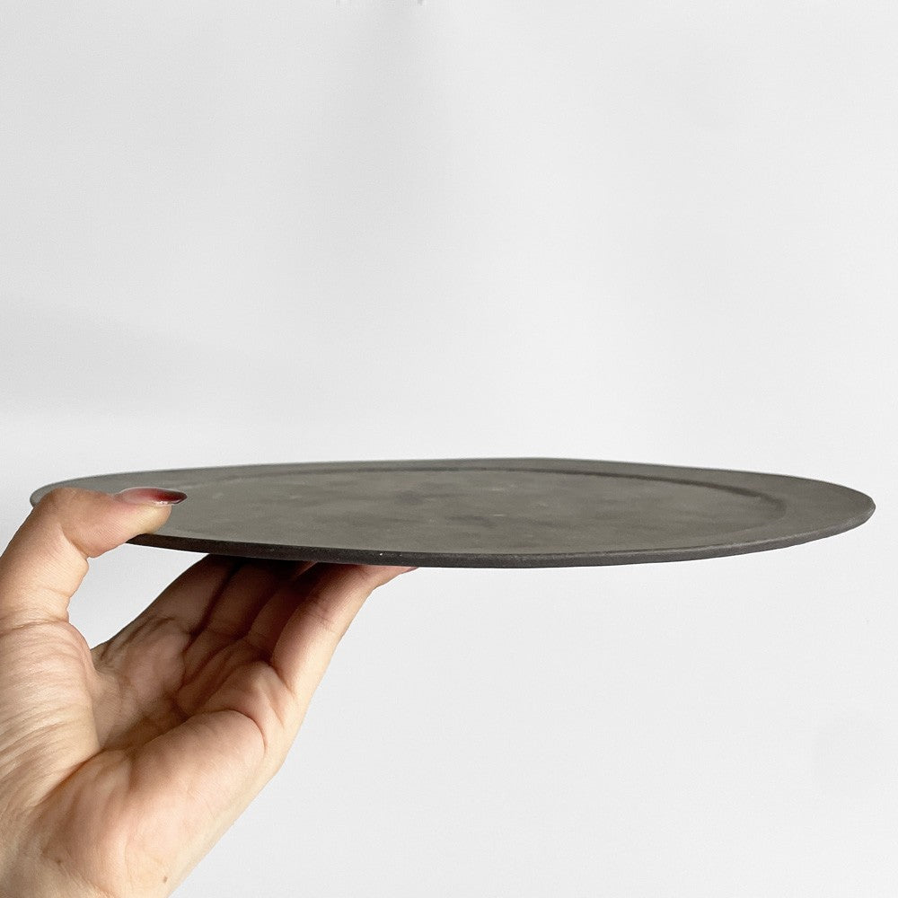 吉田次朗 ラウンドプレート 平皿 リムプレート ホワイトグレー Lサイズ Φ28.5cm 陶器 現代作家 A ■