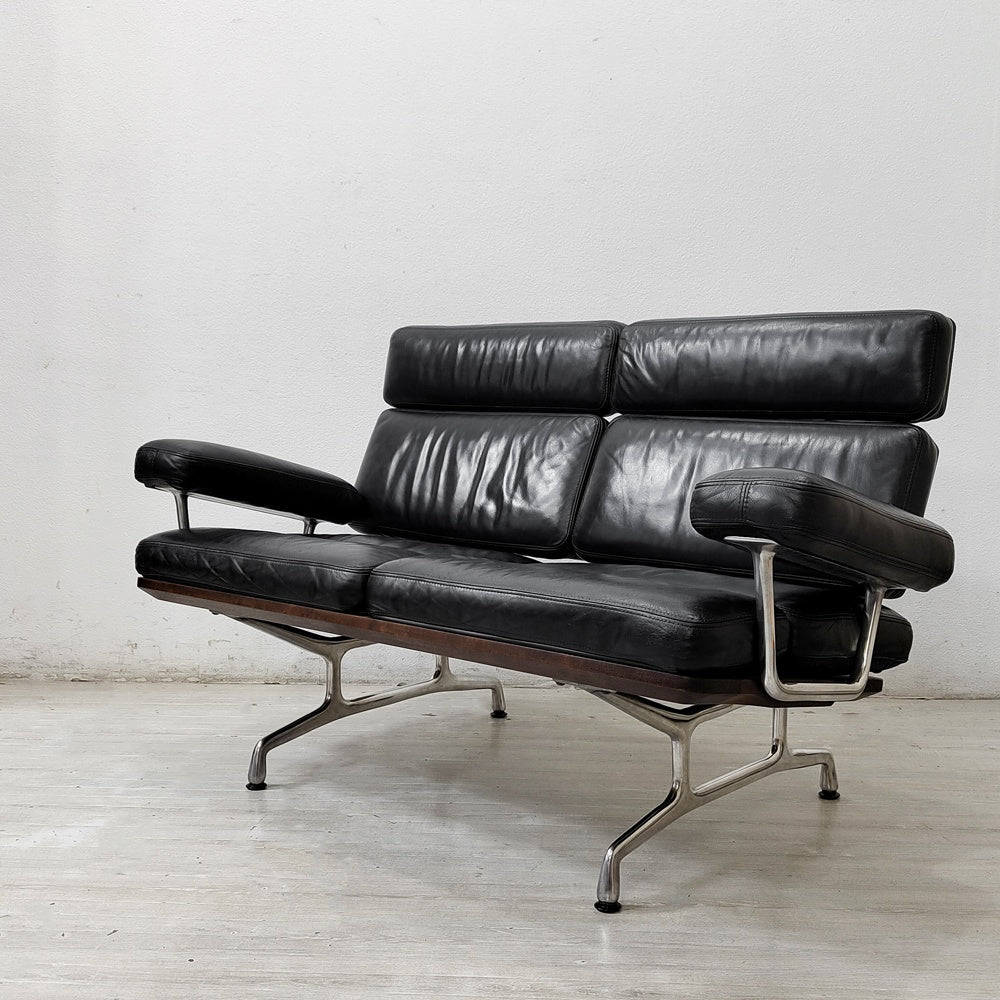 ハーマンミラー Herman Miller イームズソファ Eames Sofa 2シーター ウォールナット材 レザー ブラック C&R. イームズ ミッドセンチュリー ●