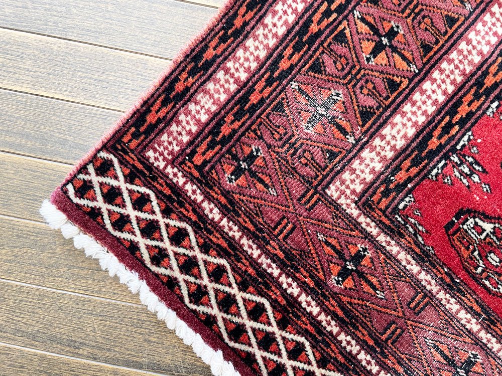 ビンテージ Vintage トライバルラグ トルクメン Turkmen ラグ 玄関マット 83×62cm ギュル文様 レッド系 イラン トルクメニスタン ◎