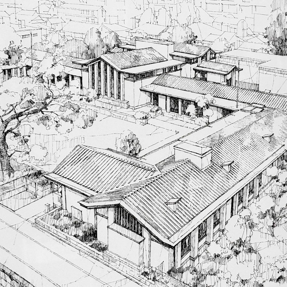 フランク・ロイド・ライト FRANK LLOYD WRIGHT 自由学園 明日館 モノクロポスター オーク材フレーム付き ●