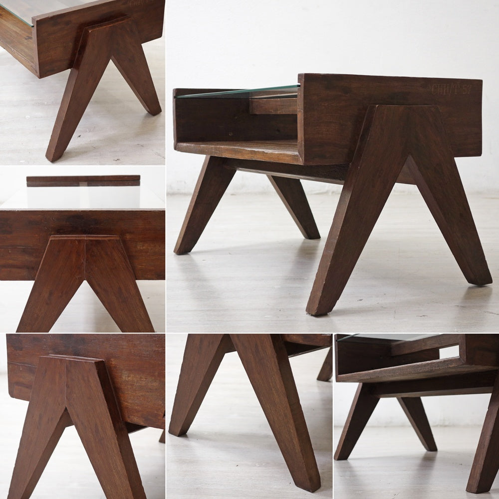 ピエールジャンヌレ Pierre Jeanneret コーヒーテーブル Coffee Table スモール チーク無垢材 ガラス チャンディーガル レター有 60‘s CHH/T57 ●