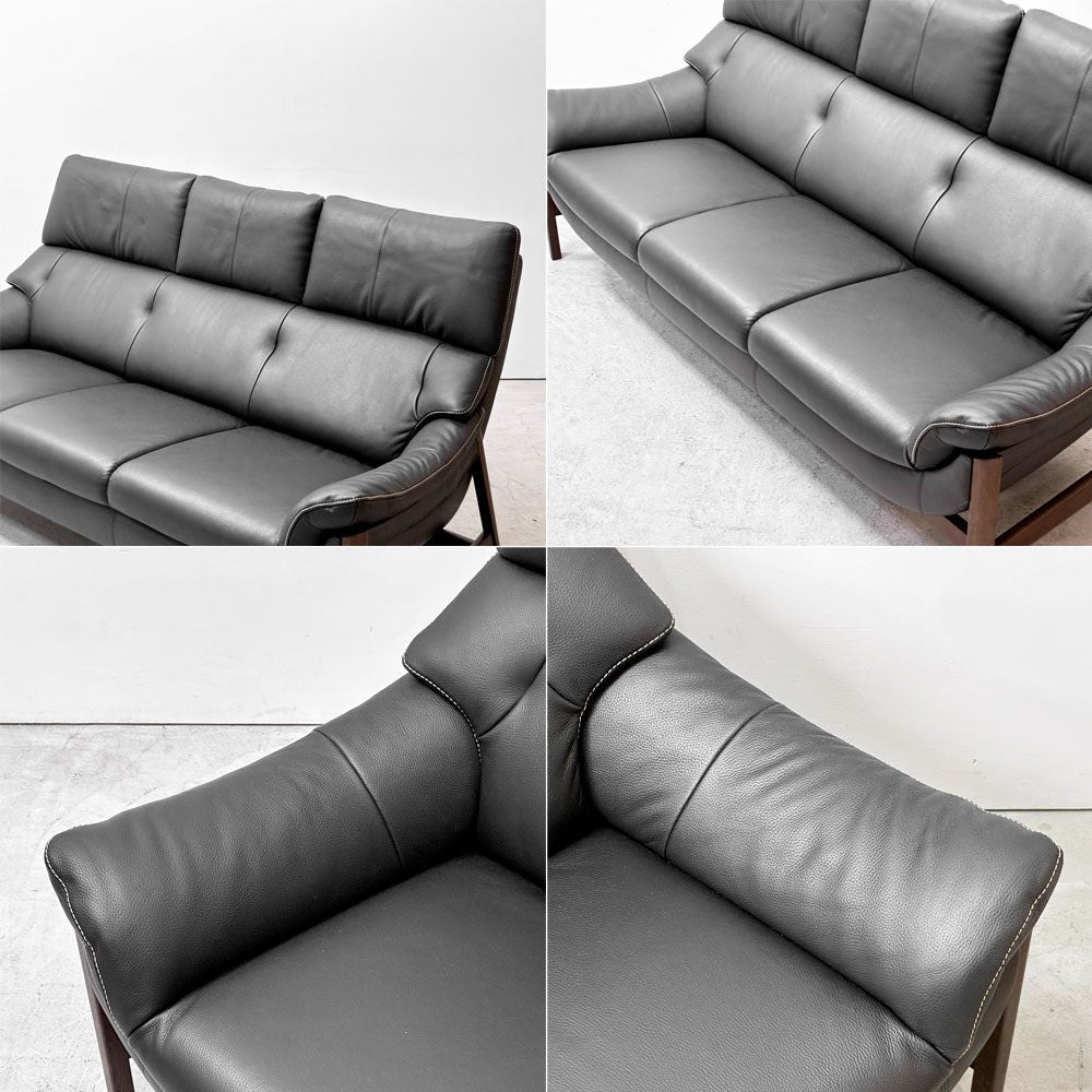 カリモク karimoku ZU6203 3シーター ソファ ハイバック 本革 ブラック オーク材 モカブラウン W194cm 定価￥420,200- ●