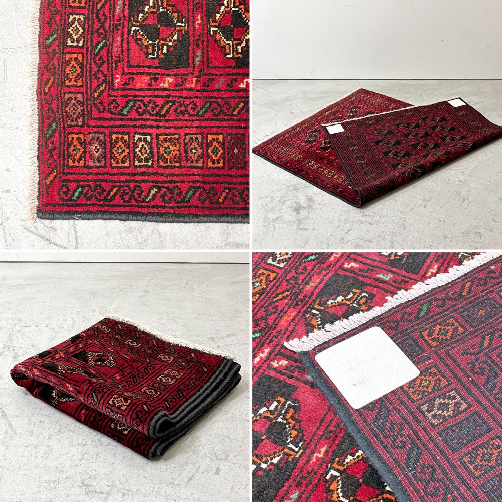 ビンテージ Vintage ビンテージラグ トライバルラグ レッド系 185×110cm メムリングギュル文様 幾何学模様 イラン トルクメニスタン バルーチ族 ●