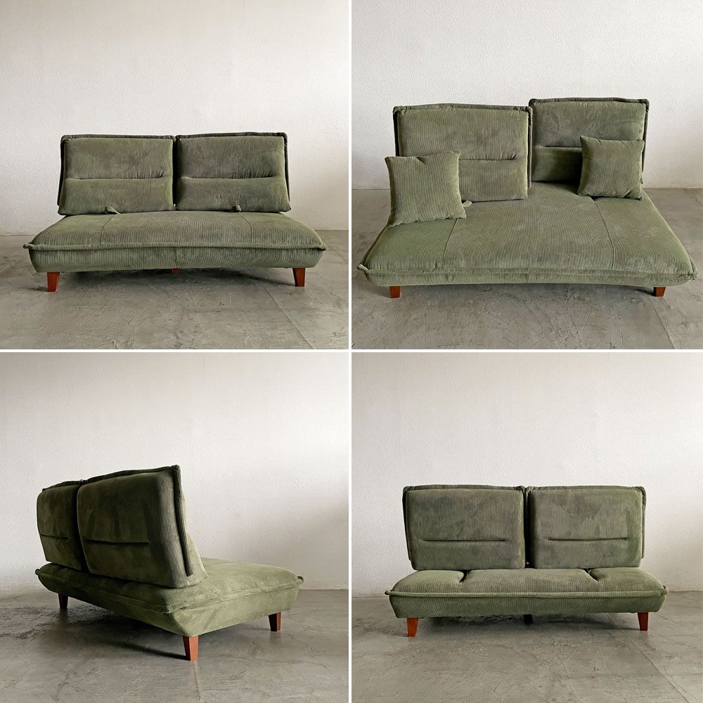 関家具 グランパ Granpa 2.5人掛けソファ 背もたれ前後スライド式 W165cm コーデュロイ グリーン クッション付 〓