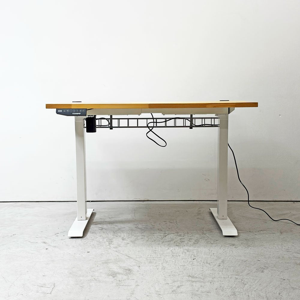 フレキシスポット Flexispot 電動式昇降デスク 110x74cm カウンター 在宅ワーク 無垢集成材天板 ナチュラル×ホワイト ●