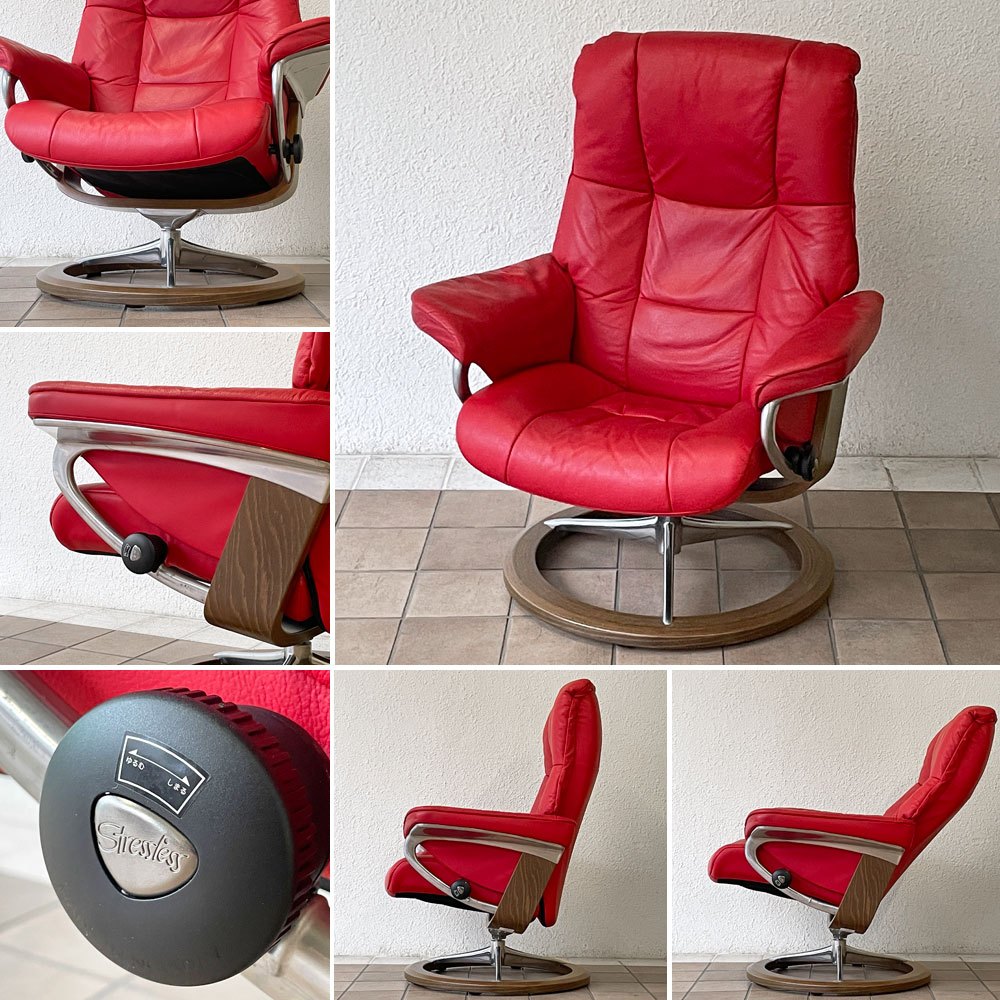 エコーネス EKORNES ストレスレス stressless メイフェア Mayfair リクライニングチェア オットマンセット Mサイズ レザー レッド ノルウェー 現状品 ◇
