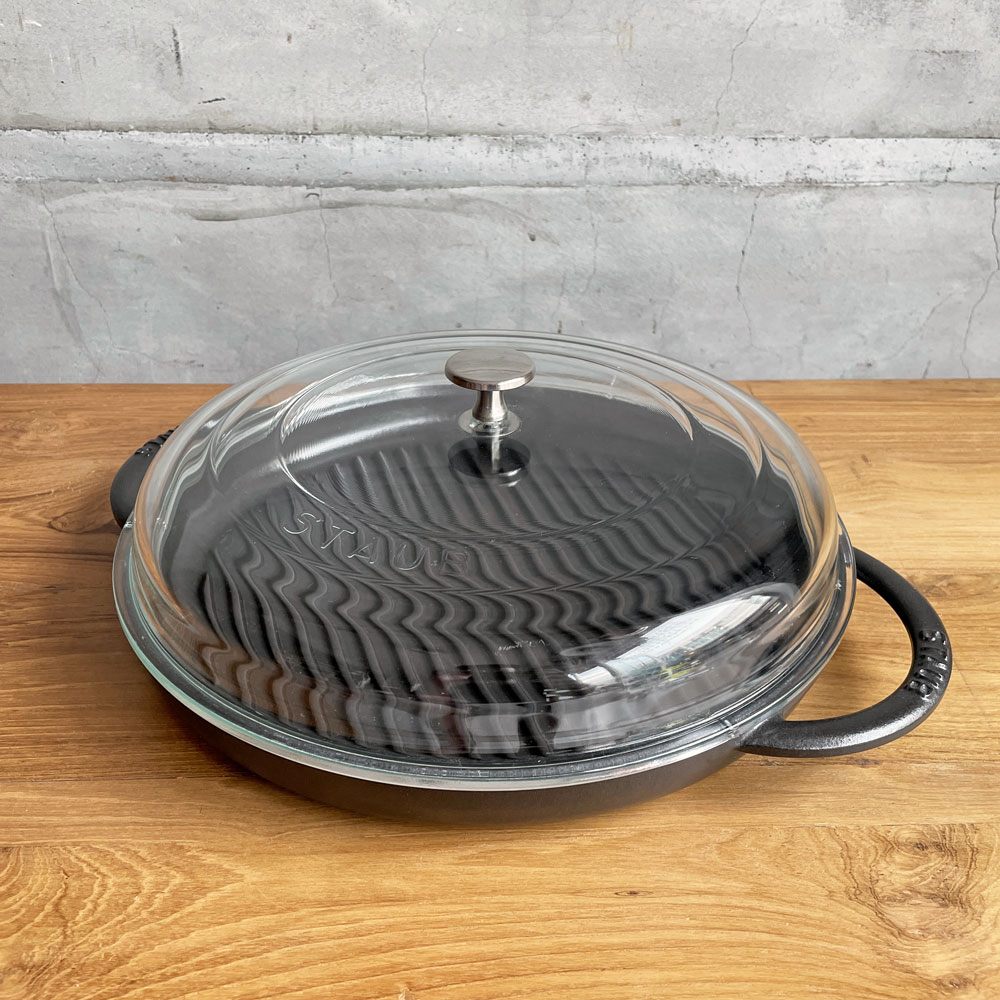 ストウブ STAUB ピュアグリル グリルパン 30cm ラウンド ガラス蓋セット 両手 鋳鉄 ブラック フランス 定価￥36,850-♪