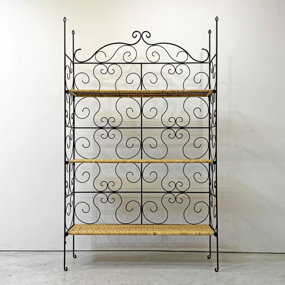 ロートアイアンｘラタン クラシカルデザイン シェルフ 3段 棚板着脱可能 フォールディング 折畳 籐 アンティーク調 店舗什器 ●