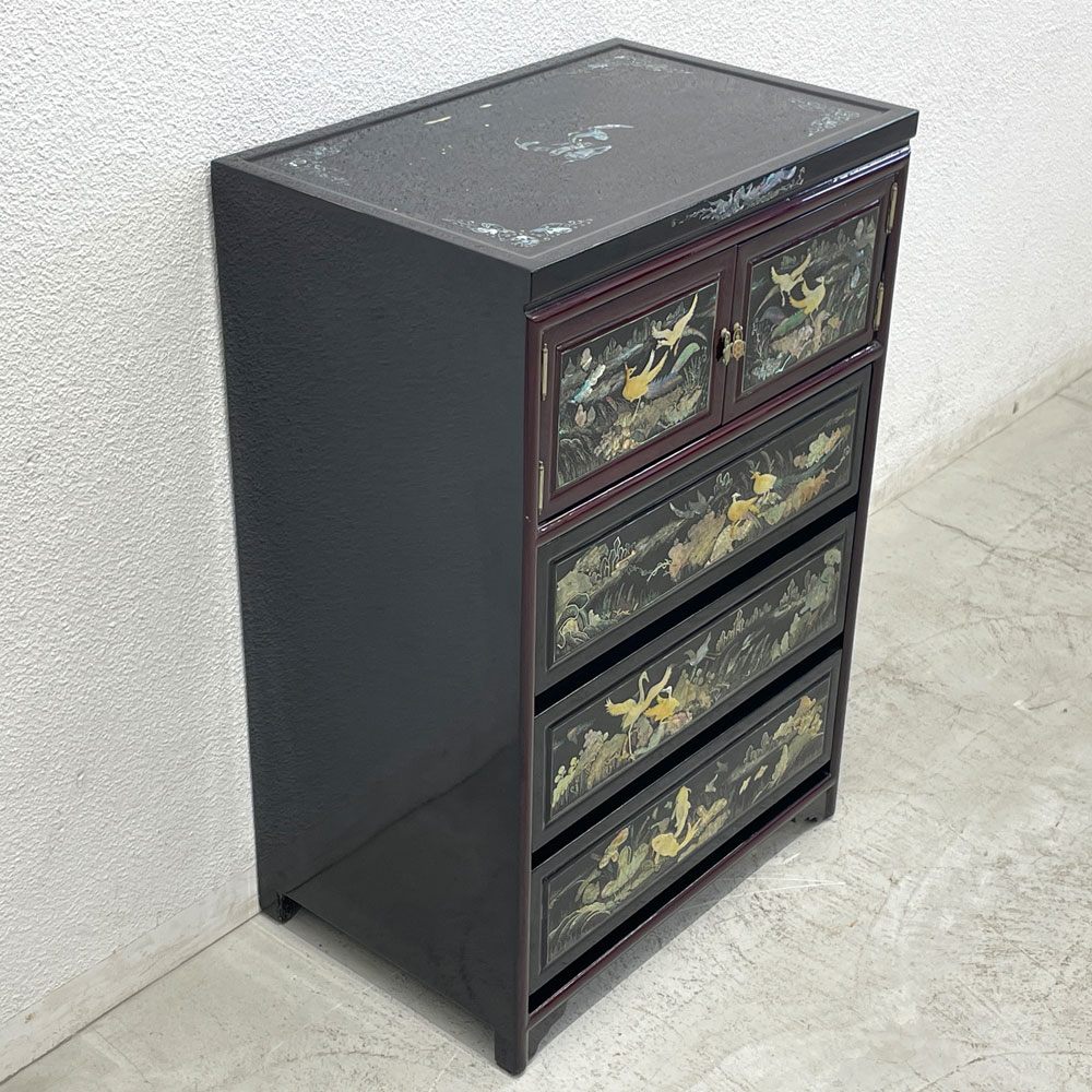 螺鈿細工 4段チェスト 抽斗3杯 扉付き収納 草花鳥亀装飾 W60 韓国家具 〓