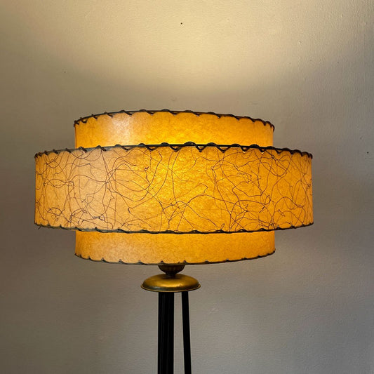 USビンテージ Vintage ファイバーシェード×ミルクガラスシェード フロアライト 真鍮＆スチールベース H147cm アトミック ミッドセンチュリーデザイン ◎