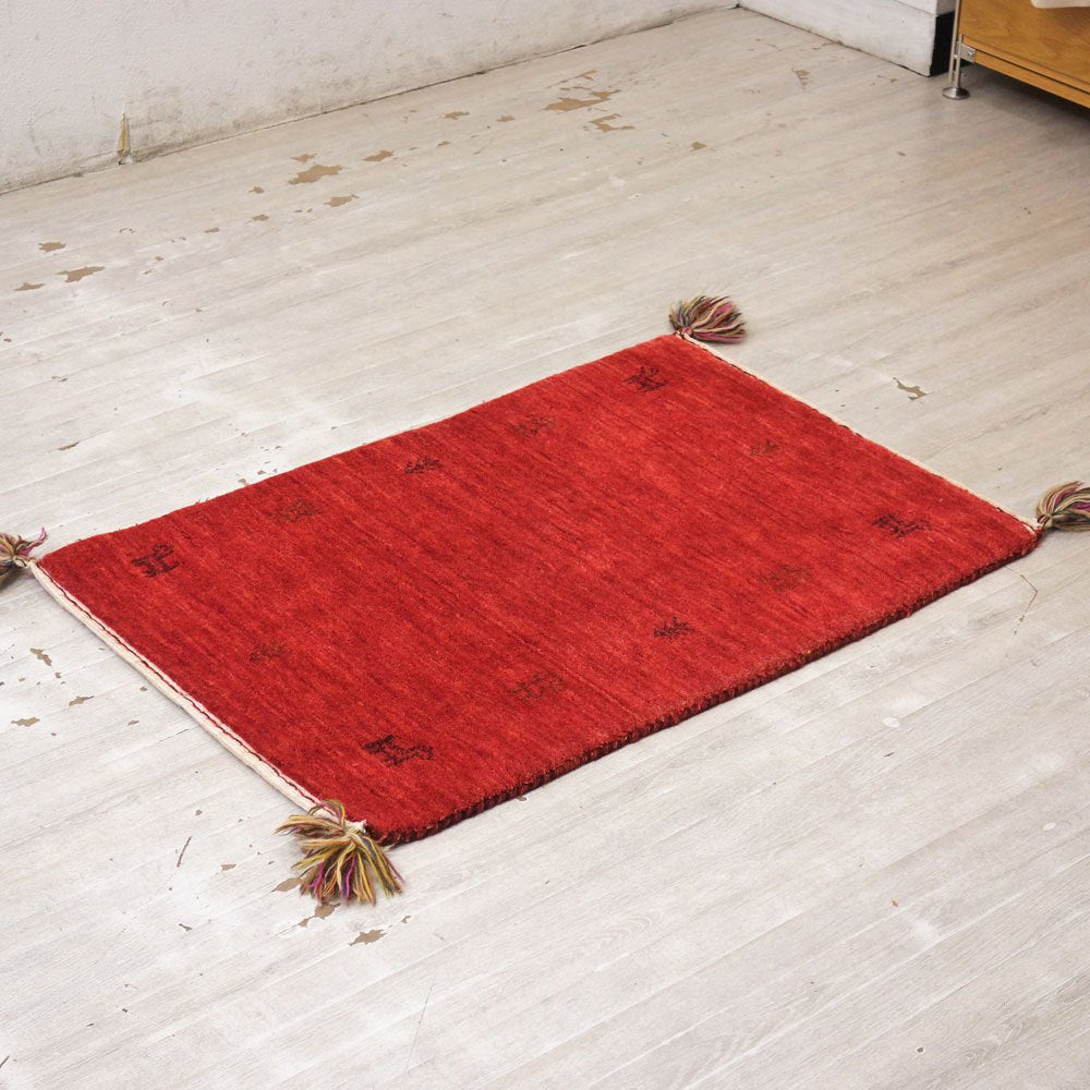 イラン 手織り ギャッベ gabbeh 絨毯 ラグ カーペット レッド 91×61cm 鹿モチーフ ●