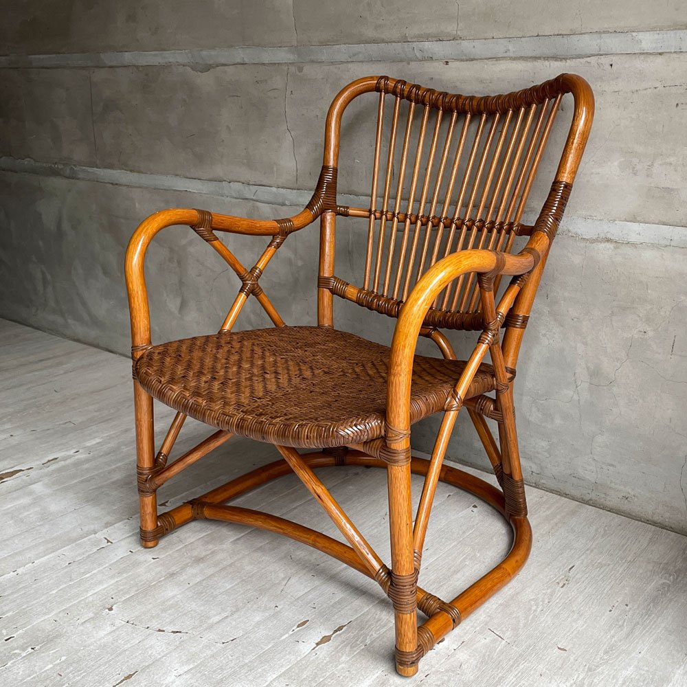 カザマ KAZAMA ラタン アームチェア ラタンチェア ラウンジチェア 籐 曲木 アジアンスタイル 廃番 ♪