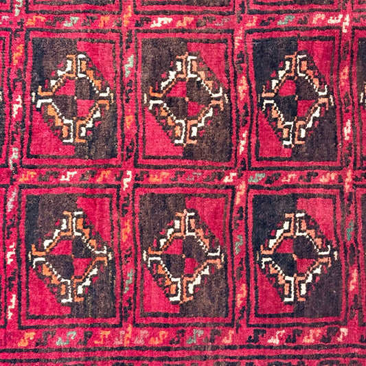 ビンテージ Vintage ビンテージラグ トライバルラグ レッド系 185×110cm メムリングギュル文様 幾何学模様 イラン トルクメニスタン バルーチ族 ●