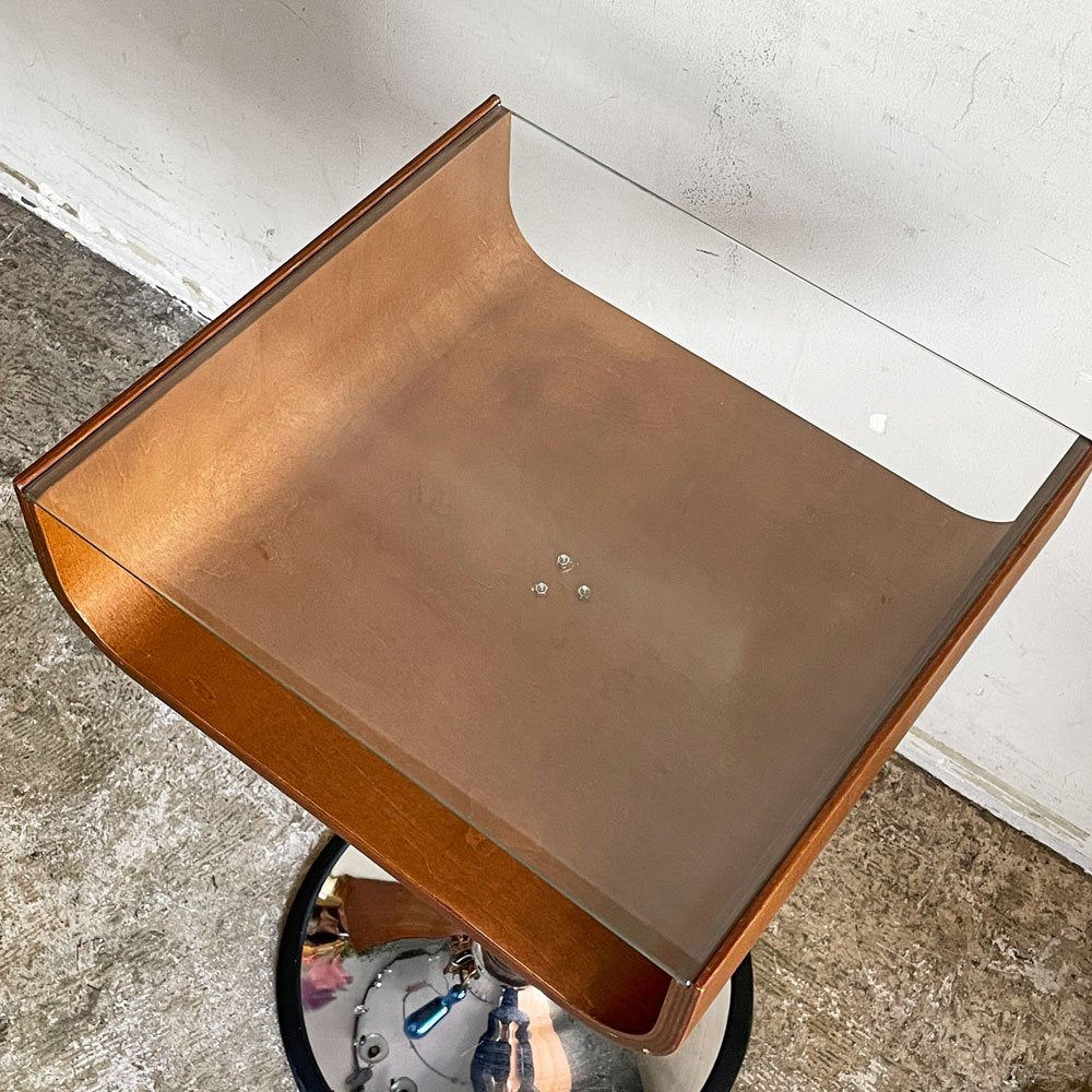 ビンテージ Vintage プライウッド サイドテーブル ガラストップ ディスプレイ テーブル ペデスタルベース ミッドセンチュリーデザイン ■