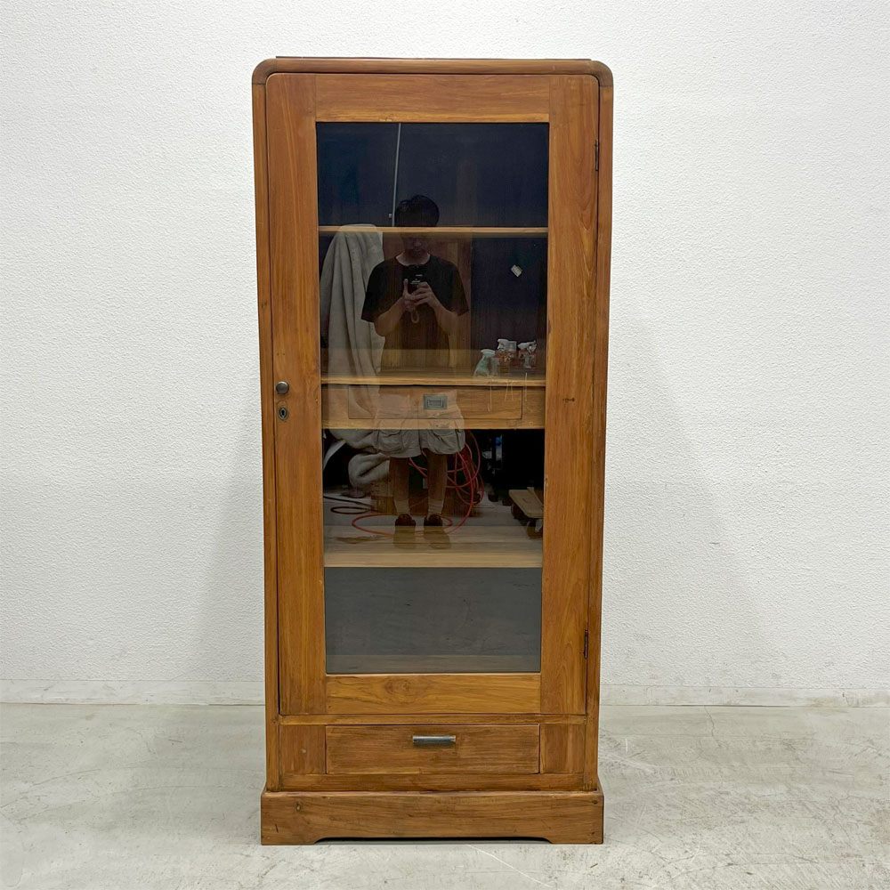 オールドメゾン old maison ガラスキャビネット 2ドロワー 収納棚 W81cm 後付けLED照明 ディスプレイ 店舗什器 ビンテージデザイン 〓