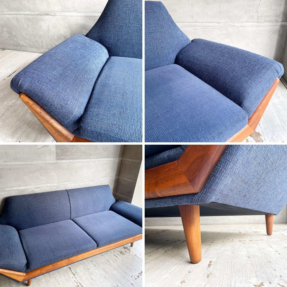 パームスプリングス Palm Springs オリジナルソファ 3Pソファ 3人掛け ネイビー系ファブリック ウォールナット ビンテージデザイン ミッドセンチュリースタイル ♪
