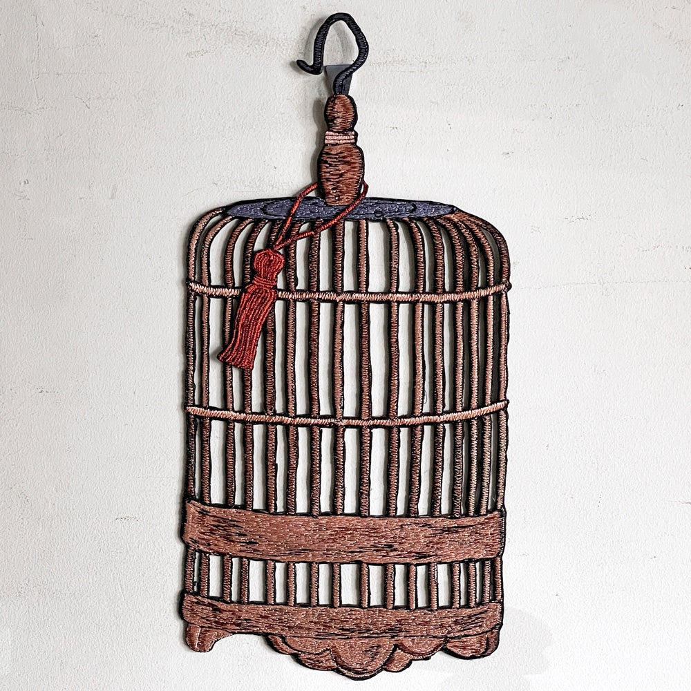 ママカロン ma.macaron 鳥籠 大 壁掛け ウォールアート 横振り刺繍 W22.5cm H42cm 刺繍作家 現代作家 ■