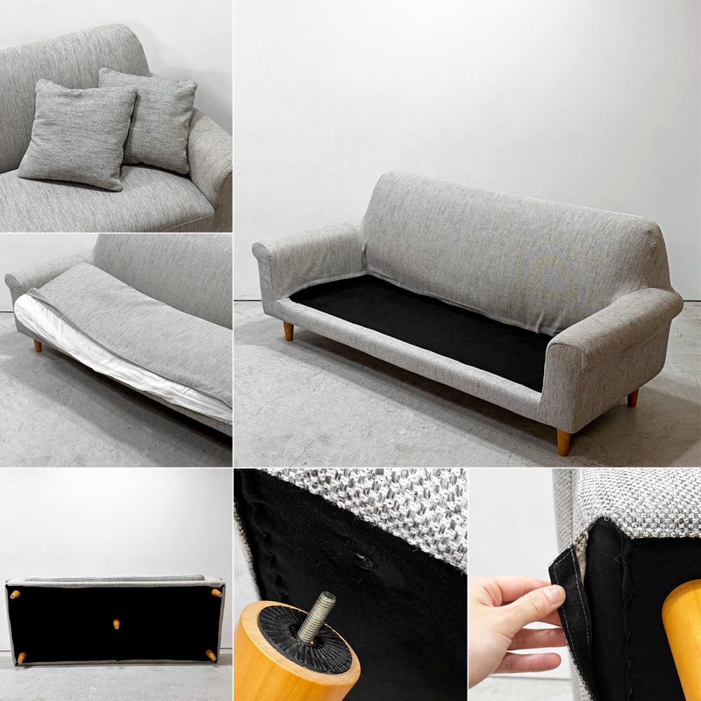 ウニコ unico ボアラム BOERUM カバーリングソファ 3シーター グレー系 ファブリック ラバーウッド材 クッション付き W190cm ●