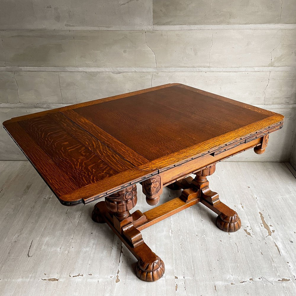 UKアンティーク ドローリーフテーブル ダイニングテーブル 伸長式 オーク材 ビッグバルボスレッグ 英国家具 ビンテージ ♪