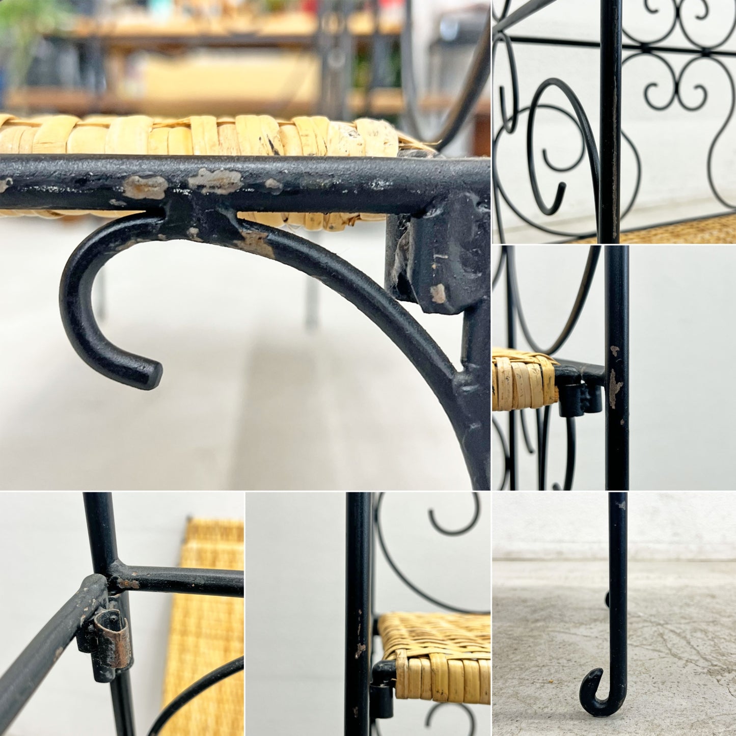 ロートアイアンｘラタン クラシカルデザイン シェルフ 3段 棚板着脱可能 フォールディング 折畳 籐 アンティーク調 店舗什器 〓