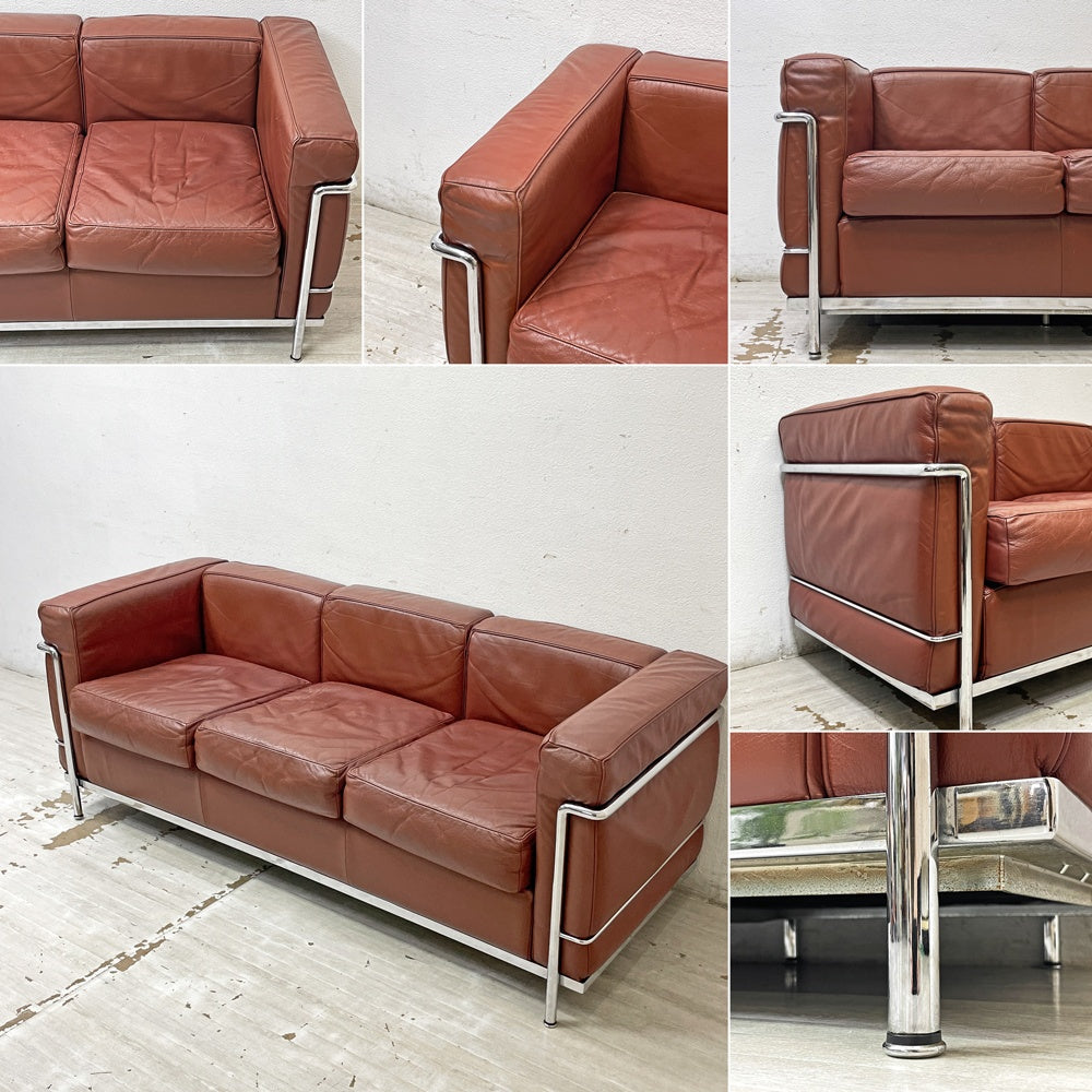 カッシーナ Cassina LC2 ソファ 3シーター ポリエステルパッディング仕様 グランフォール イ・マエストリ ル・コルビュジェ ブラウン系×クローム MoMA永久所蔵品 参考価格：220万相当 ●