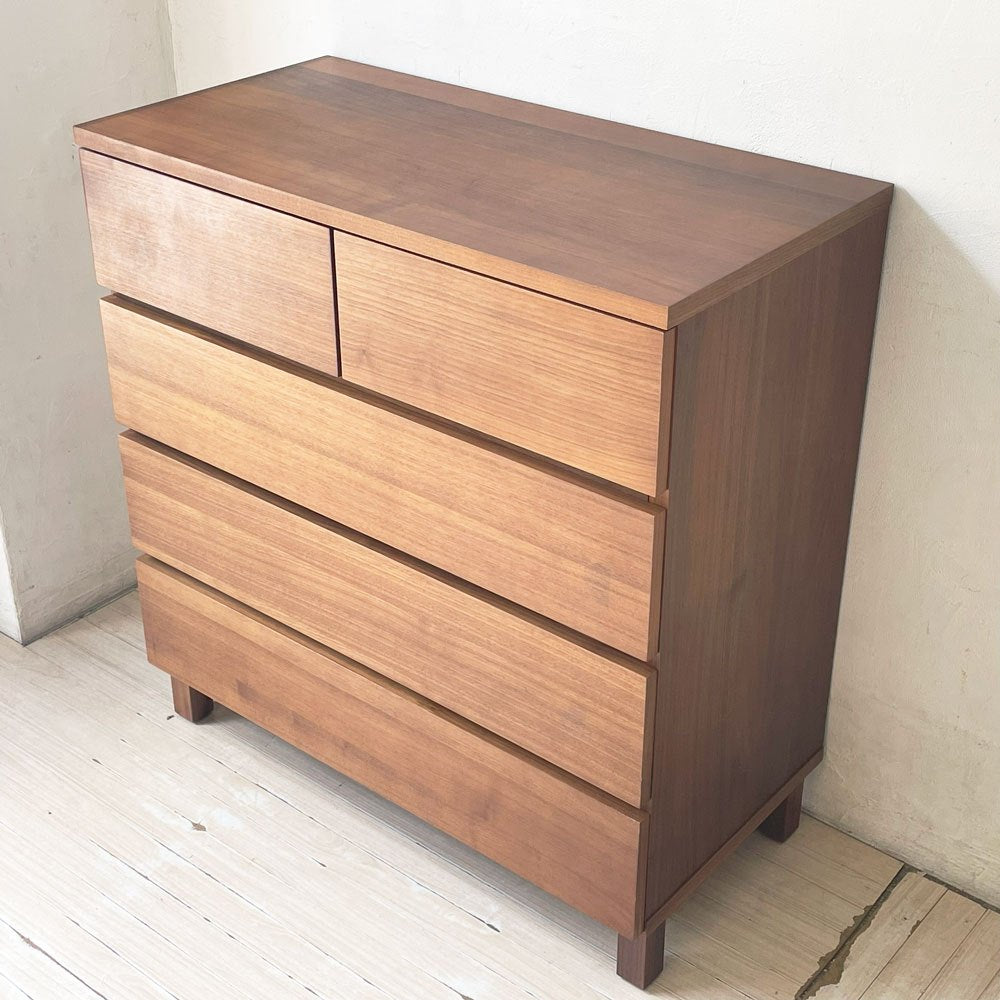 無印良品 MUJI 木製チェスト4段 5ドロワー ウォールナット材突板 4段 5ドロワー W80cm 脚付 シンプルデザイン 廃番 ★
