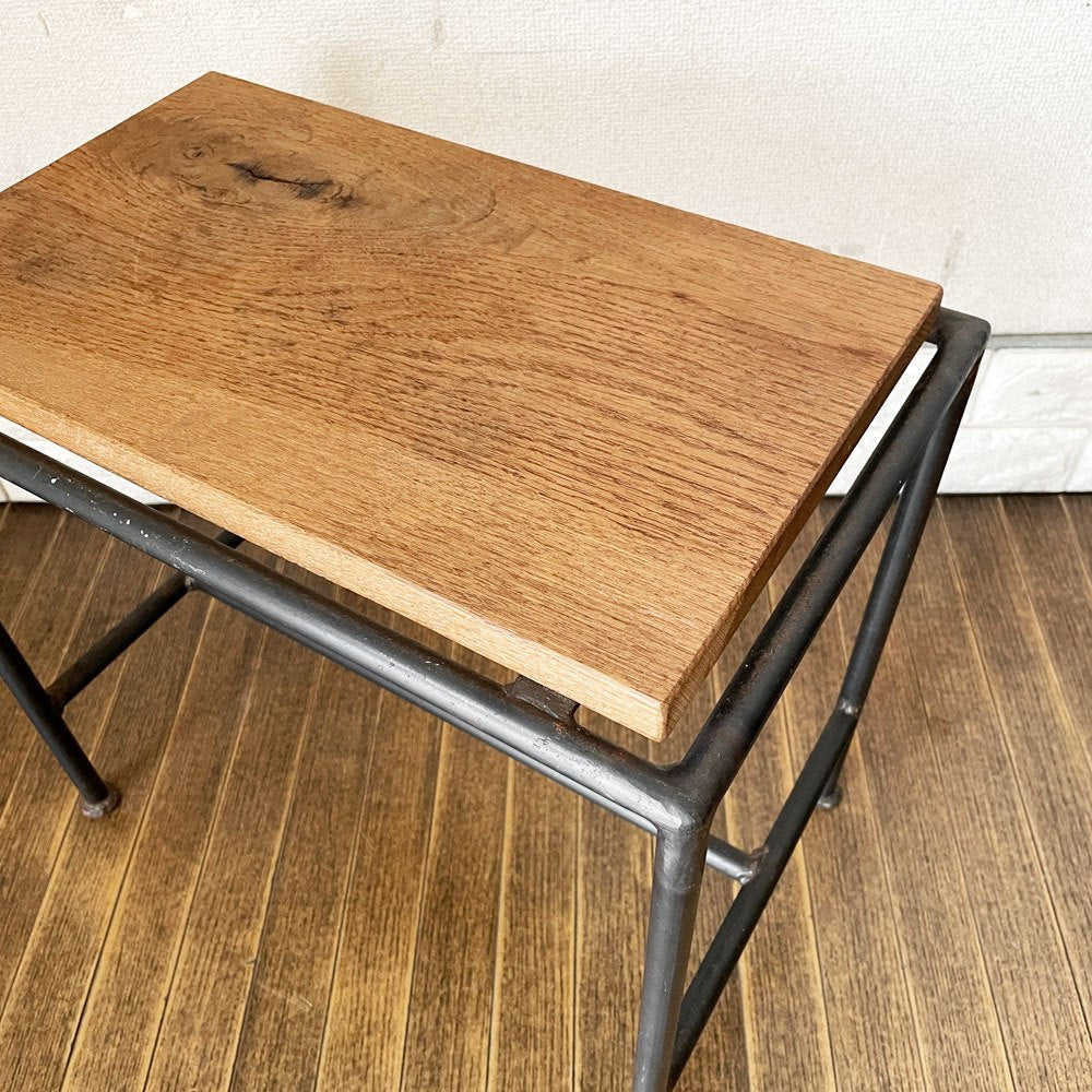ヒロファニチャー hiro furniture オーク材 × アイアンフレーム サイドテーブル スツール 花台 W45cm インダストリアル ◎