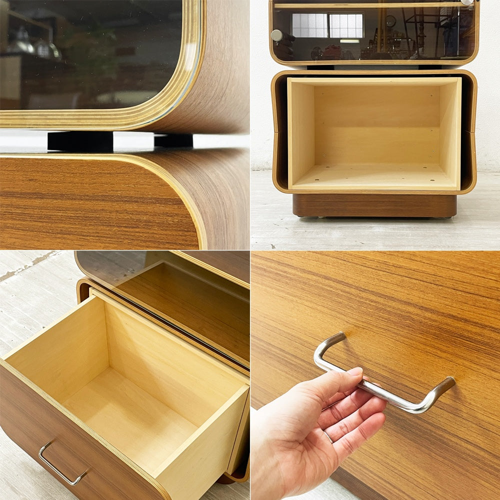 モダニカ MODERNICA セルシステム CELL SYSTEM チーク材 ユニット 2段 ガラスドア(棚板付き)＋1ドロワー キャスターベース ミッドセンチュリーモダン 廃番 ●