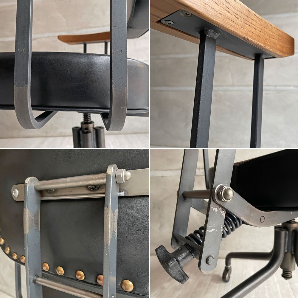 トラックファニチャー TRUCK FURNITURE デスクワークチェア DESKWORK CHAIR アームチェア レザー 本革 L-4ブラック オーク材 回転式昇降 定価 ￥183,700-