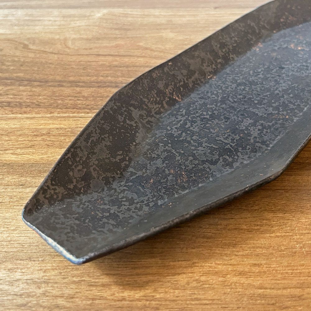安福由美子 錆八角長方皿 大 W38.5cm 現代作家 ♪