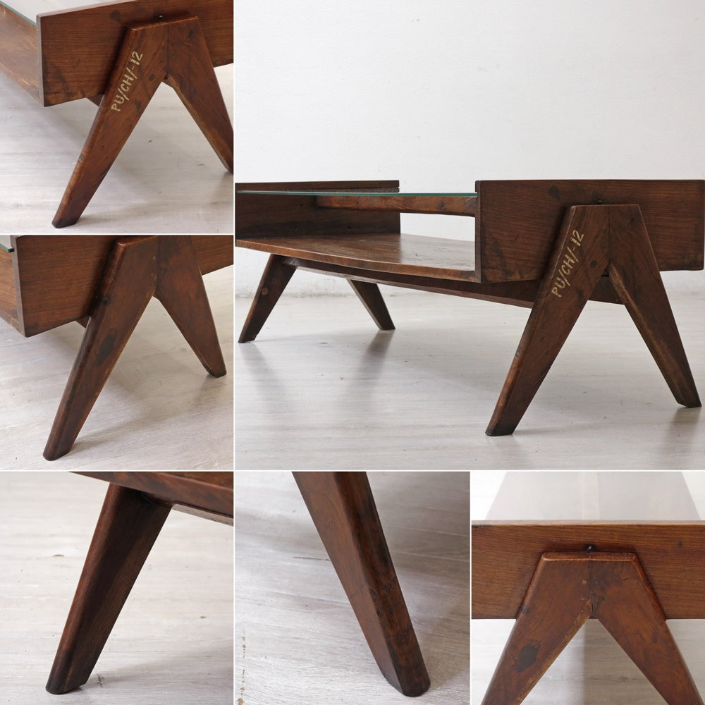 ピエールジャンヌレ Pierre Jeanneret コーヒーテーブル Coffee Table チーク無垢材 ガラス チャンディーガル レター有り 1960‘s ビンテージ PU/CH/-12 ●