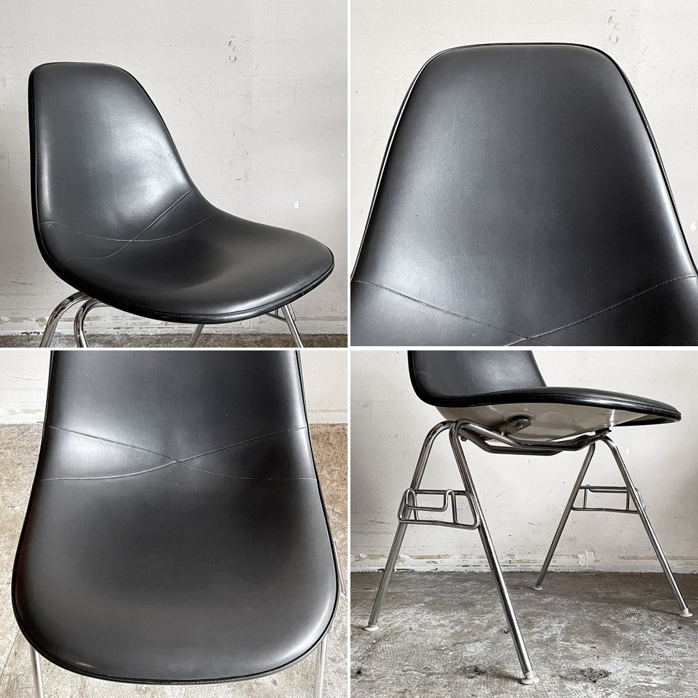 ハーマンミラー Herman Miller モダンファニチャーセールス サイドシェルチェア FRP製 ナウガレザー ワイドマウント スタッキングベース ダークグレー×パーチメント C&R イームズ ビンテージ ■
