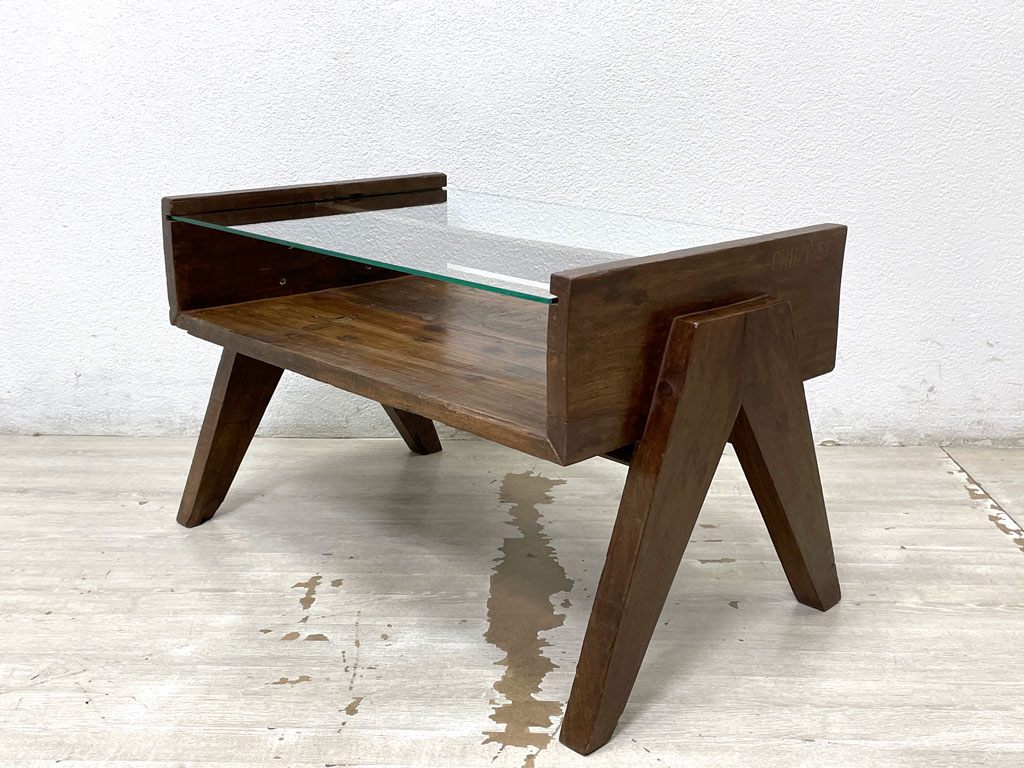 ピエールジャンヌレ Pierre Jeanneret コーヒーテーブル Coffee Table スモール チーク無垢材 ガラス チャンディーガル レター有 60‘s CHH/T57 希少サイズ ●