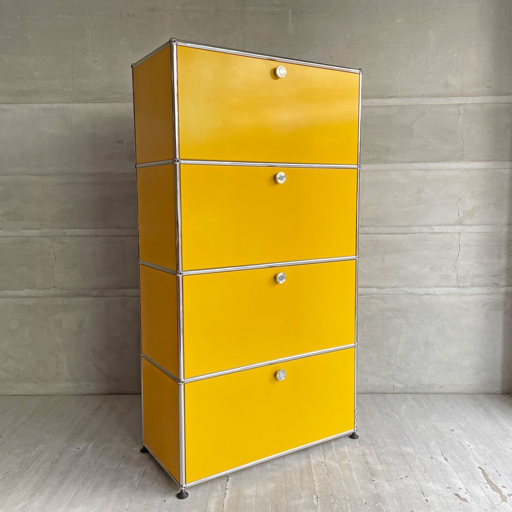 USMハラー USM Haller モジュラーファニチャー 1列4段 キャビネット シェルフ ゴールデンイエロー ドロップダウンドア エクステンションドア ソフトクローズ ボトムウエイト ♪