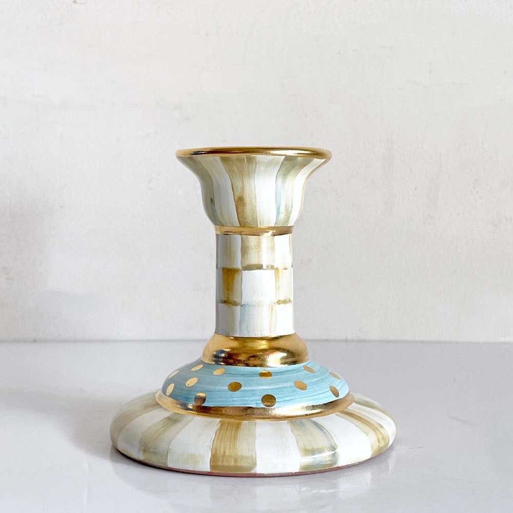マッケンジーチャイルド Mackenzie-Child コートリーチェック柄 キャンドルホルダー Candlestick 金彩 陶器 アメリカ B ■