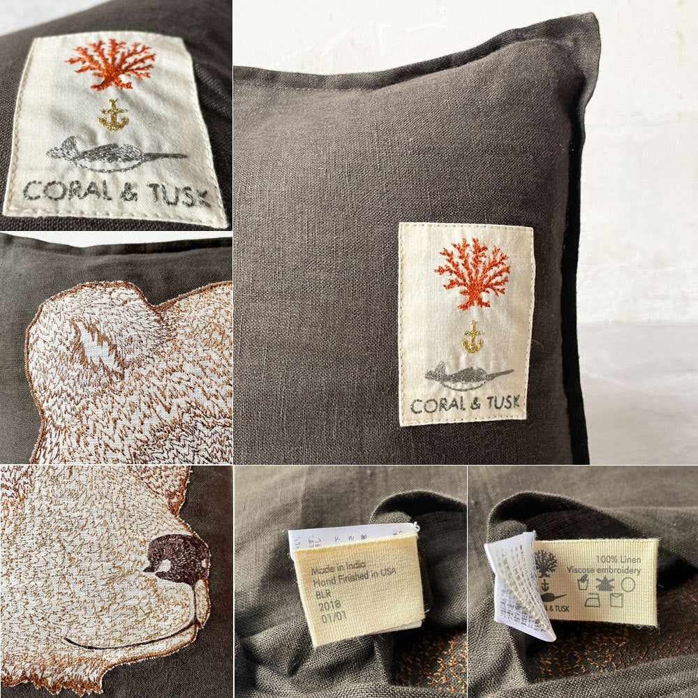 コーラルアンドタスク Coral & Tusk ベアーアップリケピロー Bear Applique Pillow 30×30cm クッション ブラウン リネン 刺繍 ★