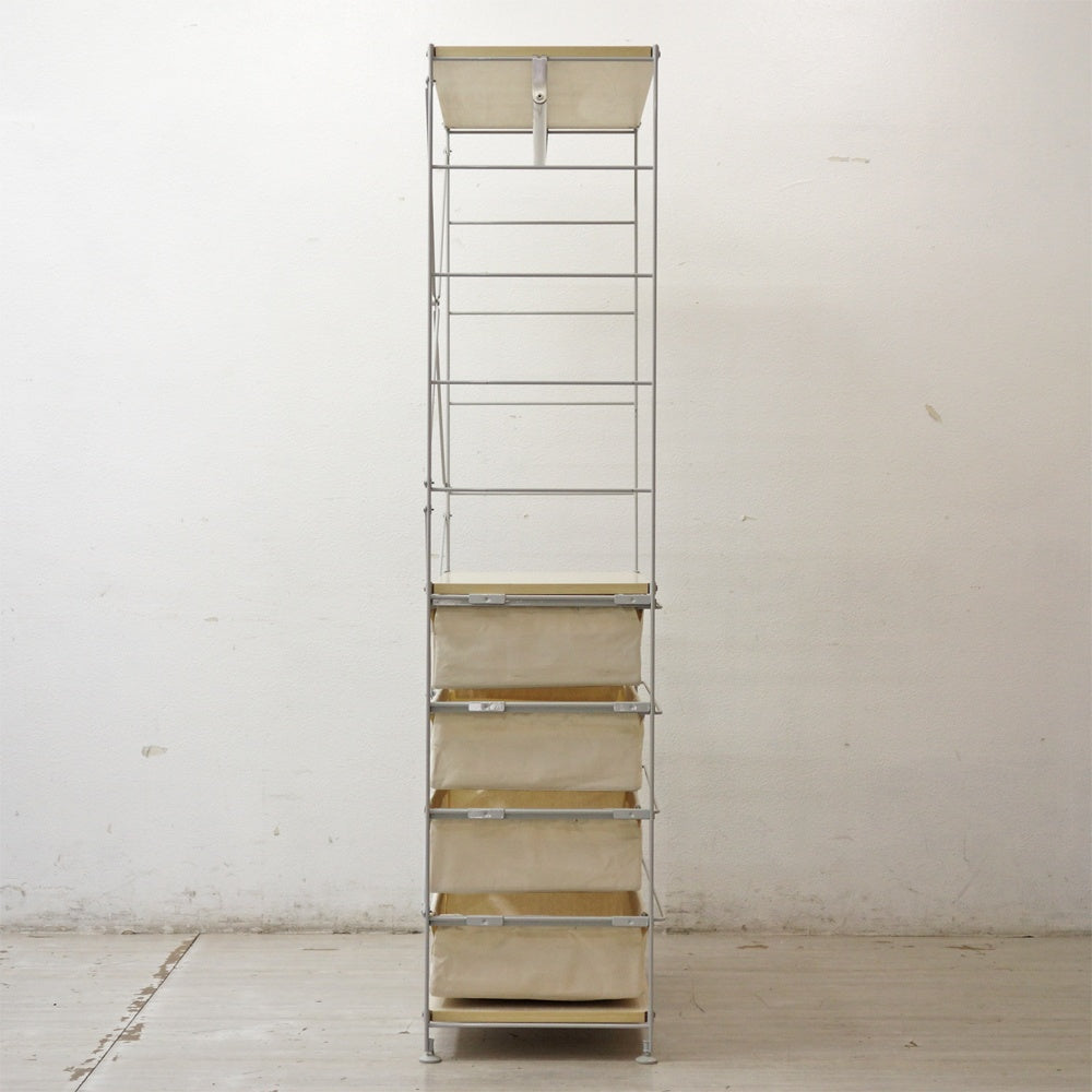 無印良品 MUJI スチールユニットシェルフ オープンシェルフ W84cm H175㎝ 木製棚板 ワードロープバー 帆布バスケット ●