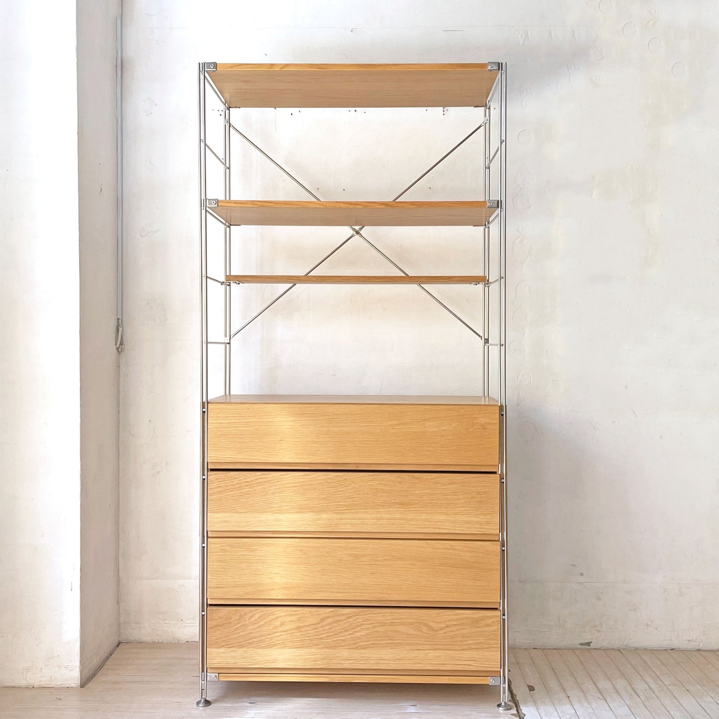 無印良品 MUJI ステンレスユニットシェルフ オーク材 棚3枚 2段引出し2個 小棚 収納家具★