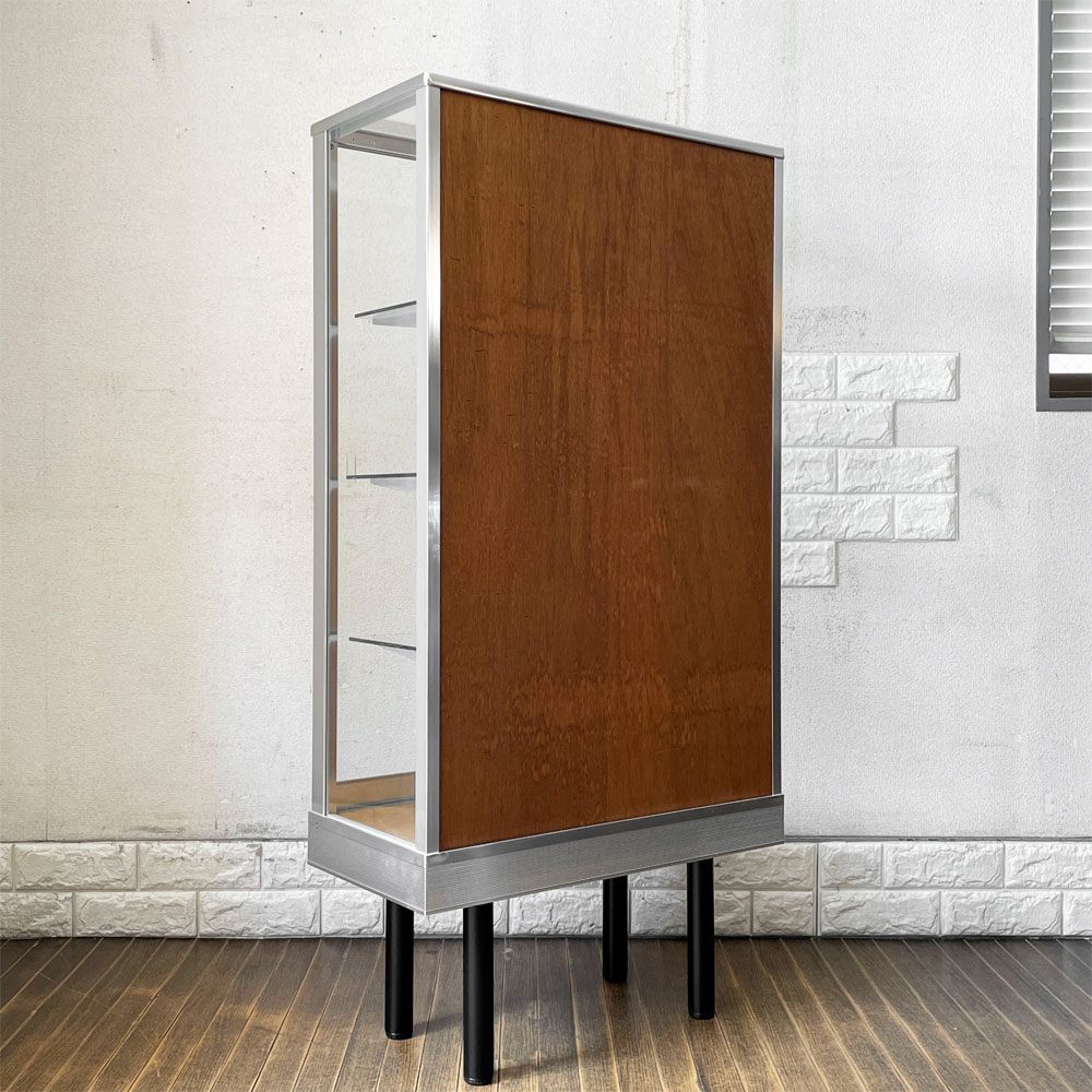 パシフィックファニチャーサービス PACIFIC FURNITURE SERVICE P.F.S. アルミナム ALUMINIUM GLASS CASE ガラスケース AL-60 オーク材 スチール脚 W60cm 定価￥121,000 - ◎