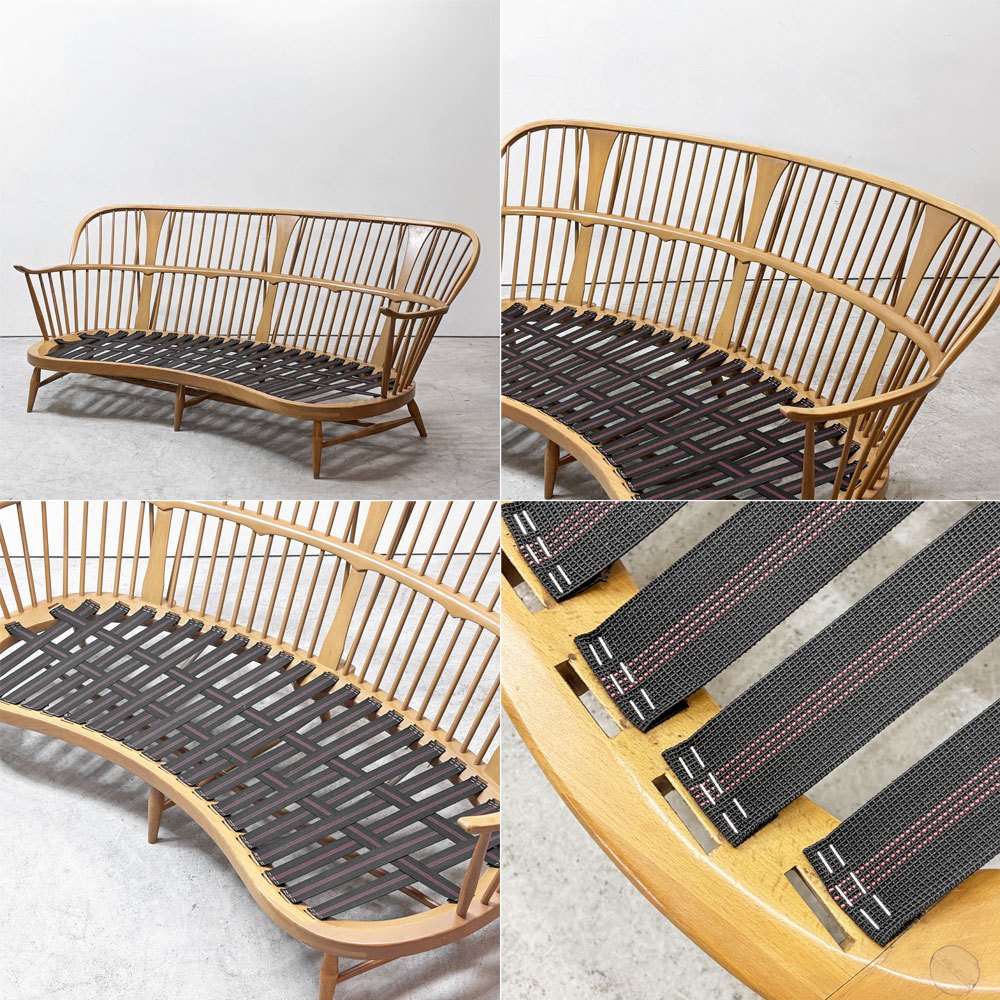 アーコール Ercol No.499 3Pソファ 3シーター キドニーシェイプ シート スカイブルー ファブリック ビーチ材 UKビンテージ 英国家具 ●