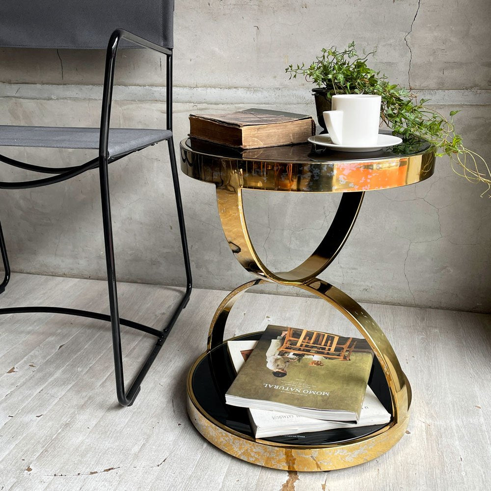 ダブルリング ラウンド サイドテーブル コーヒーテーブル ゴールドカラー ステンレス製フレーム 強化ガラス ガラス天板 モダンスタイル ♪