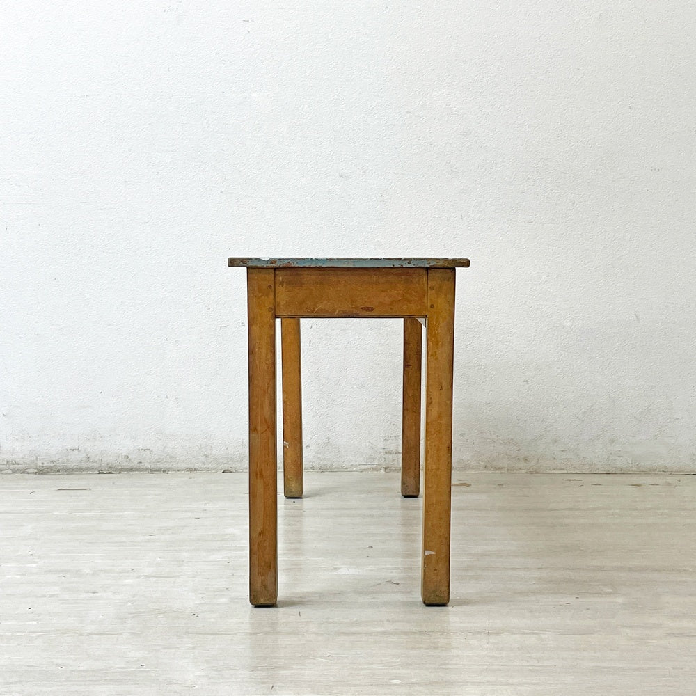 フランスビンテージ French Vintage スクールデスク キッズデスク 学校机 コンソールテーブル 2人掛け ブルーペイント W92cm ●