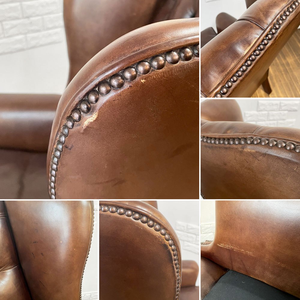 ロイズアンティークス Lloyd's Antiques リプロダクションシリーズ チェスターフィールド B&Cウイングチェア 1シーターソファ 鋲 本革 英国 ◎