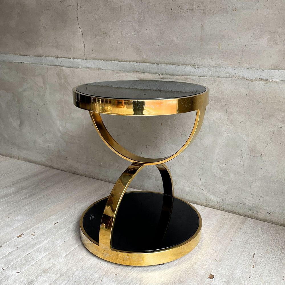 ダブルリング ラウンド サイドテーブル コーヒーテーブル ゴールドカラー ステンレス製フレーム 強化ガラス ガラス天板 モダンスタイル ♪