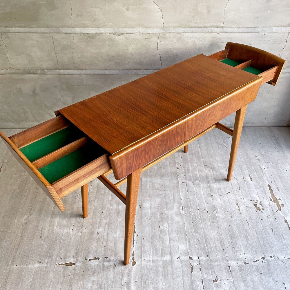 ヨーロッパビンテージ  ソーイングテーブル コンソールテーブル デスク ウォールナットｘビーチ材 2ドロワー Lloyd's Antiques取扱 ♪