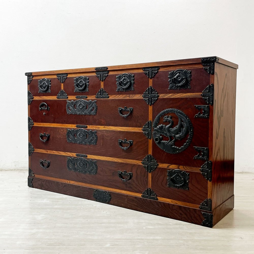岩谷堂箪笥 鳳凰 六尺整理箪笥 ワイドチェスト 欅 拭漆 南部鉄器 伝統工芸 民芸家具 W169cm 鍵欠品 和家具 ●